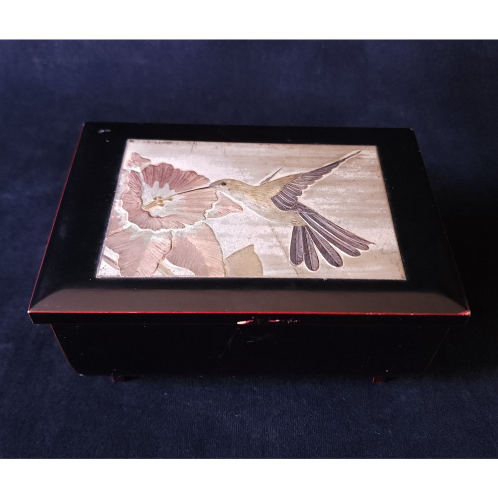 Vintage Westland Co Art Of Chokin Hummingbird Floral Jewelry Music Box w/ Mirror